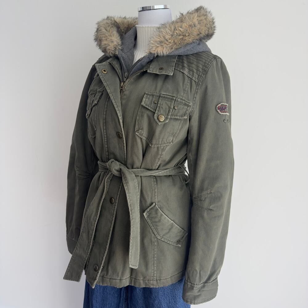 Buffalo Parka Jacket Womens Large‎ Green Y2K Faux Fur Hoodie Military Bella Swan
